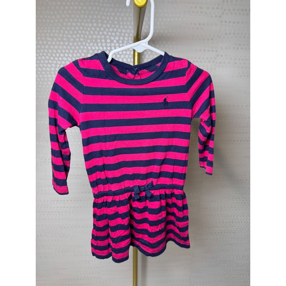 Ralph Lauren Baby Girls Pink Navy Striped Long Sleeve Dress 12M Pony Logo